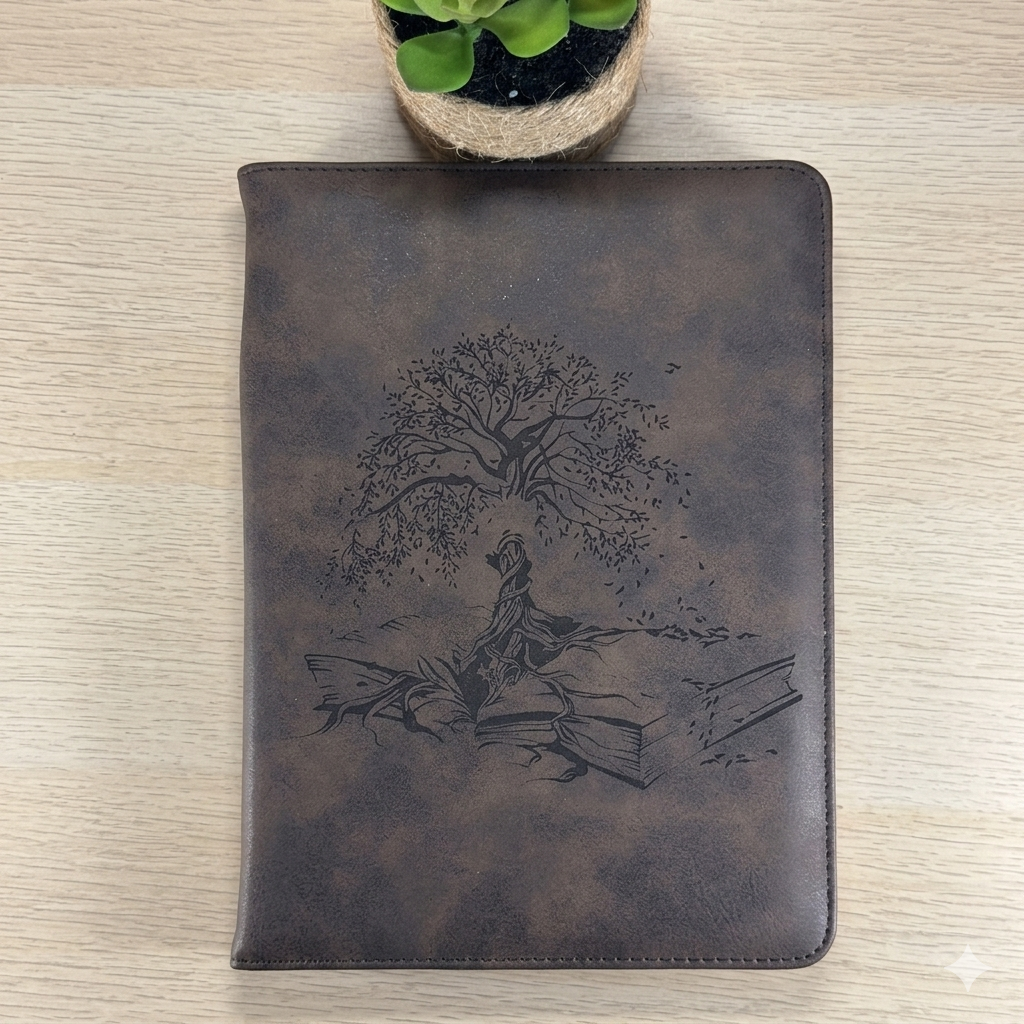 Carnet A5 simili-cuir gravé – Arbre de Vie et Livre