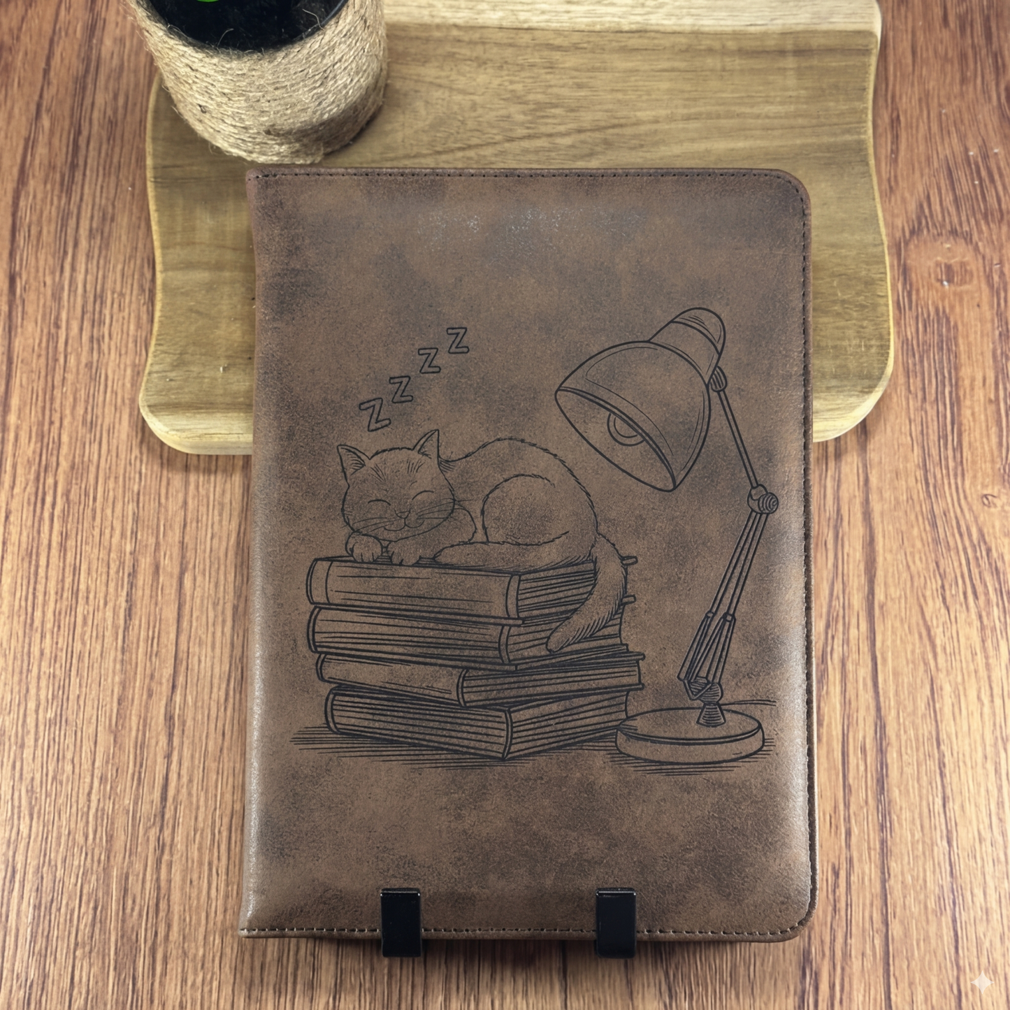 Carnet A5 simili-cuir gravé – Chat endormi sur des livres