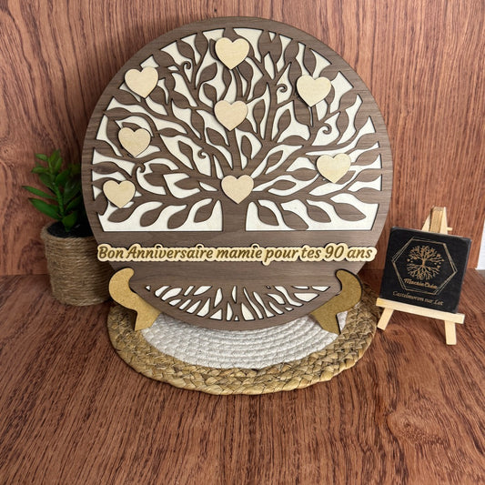 Arbre de Vie en Bois – Fond en tilleul et Arbre de Vie Noyer & Cœurs Tilleul – Décoration Personnalisée