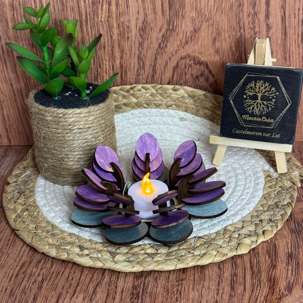 Bougeoir Fleur en Bois Tilleul Peint – Violet & Bleu
