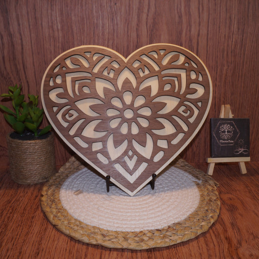 Décoration cœur 25x25 cm – Mandala découpé au laser – Bois tilleul et noyer
