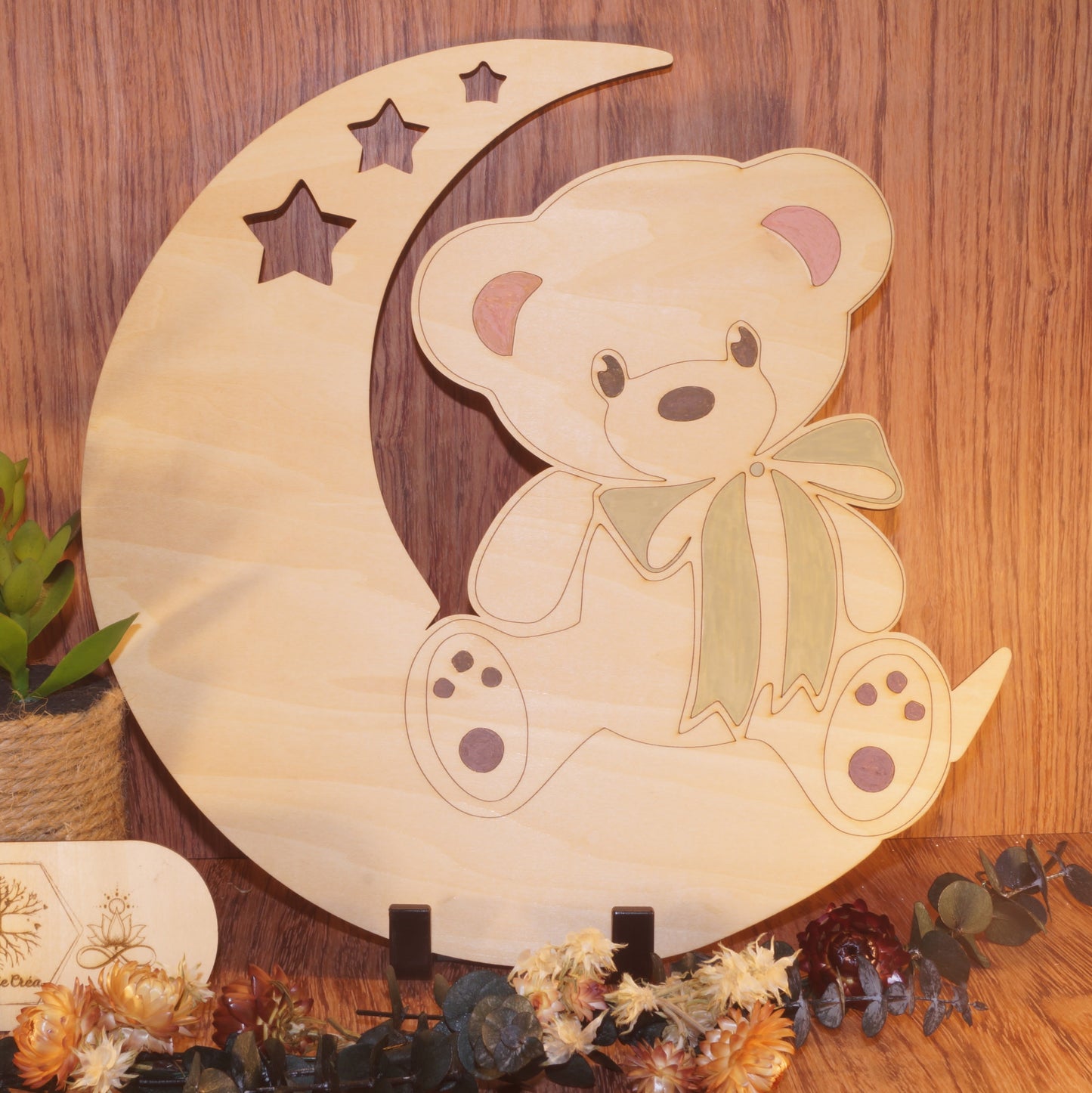 Décoration murale en bois – Ourson sur la lune