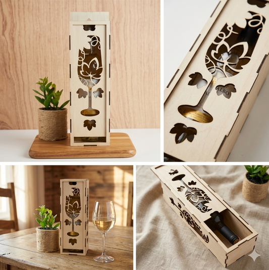 Coffret bouteille en bois découpé au laser – Verre et feuilles de vigne