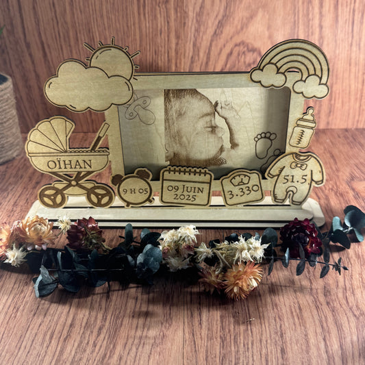 Cadre photo de naissance personnalisé en bois – Souvenirs de bébé
