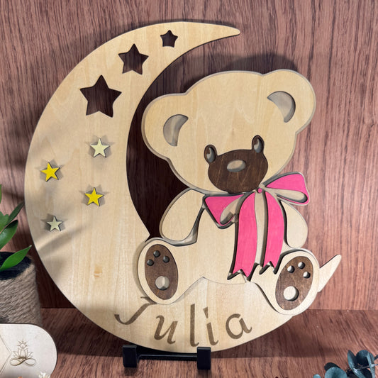 Décoration en bois personnalisée – Ourson sur la lune coloré