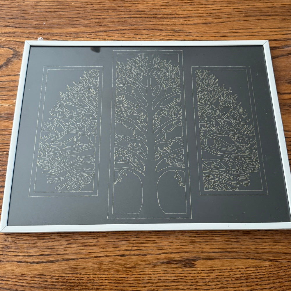 Cadre Triptyque Arbres de Vie — Gravure Dorée sur Fond Noir