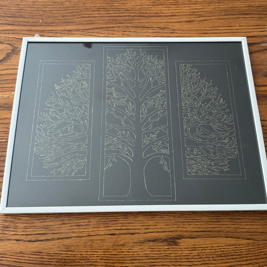 Cadre Triptyque Arbres de Vie — Gravure Dorée sur Fond Noir