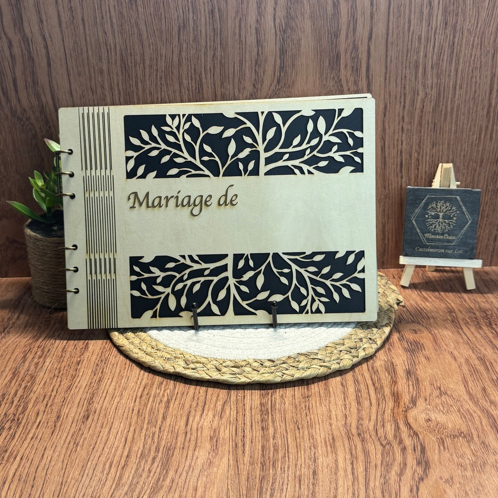 Album de mariage personnalisé en bois – Feuillage élégant