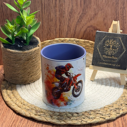Mug sublimation – Motocross aquarelle feu (intérieur bleu)