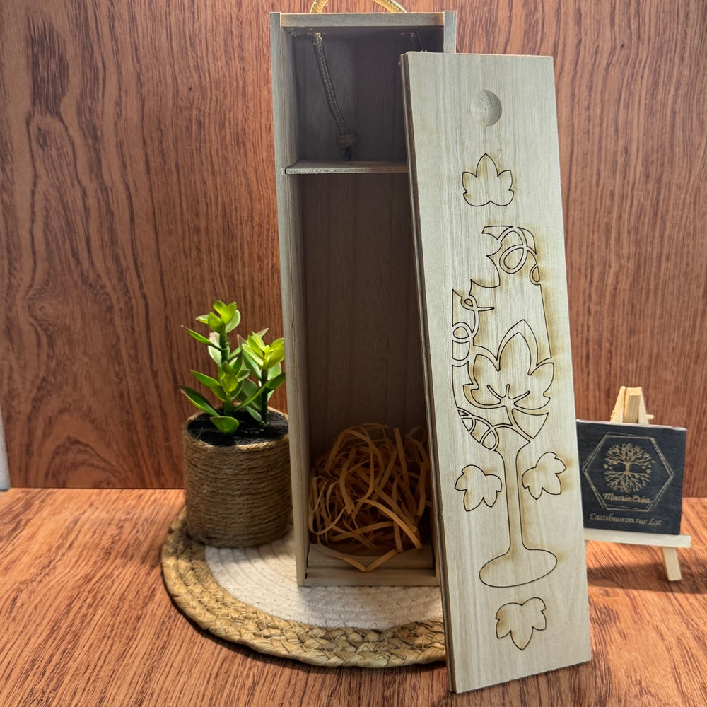 Caisse à vin en bois gravée laser – Verre de vin & vigne