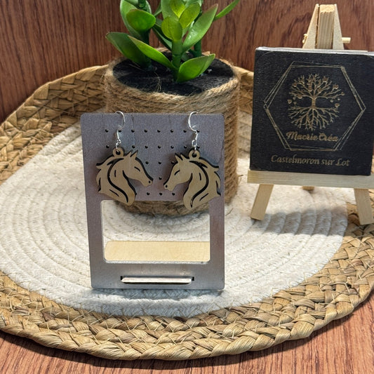 Boucles d’oreilles en bois gravé laser – Tête de cheval