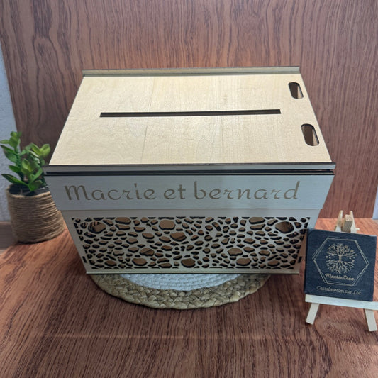 Urne de mariage en bois gravée laser – Personnalisée prénoms
