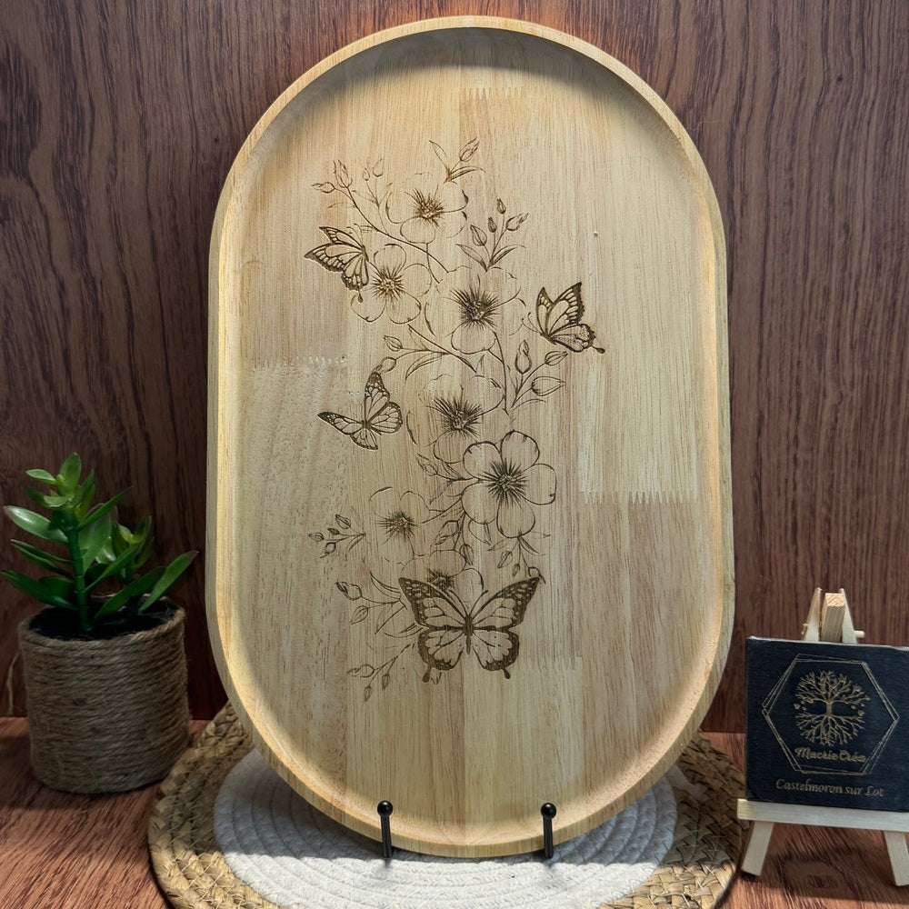Plateau en Bois Gravé Laser – Papillons & Fleurs – Verni Alimentaire
