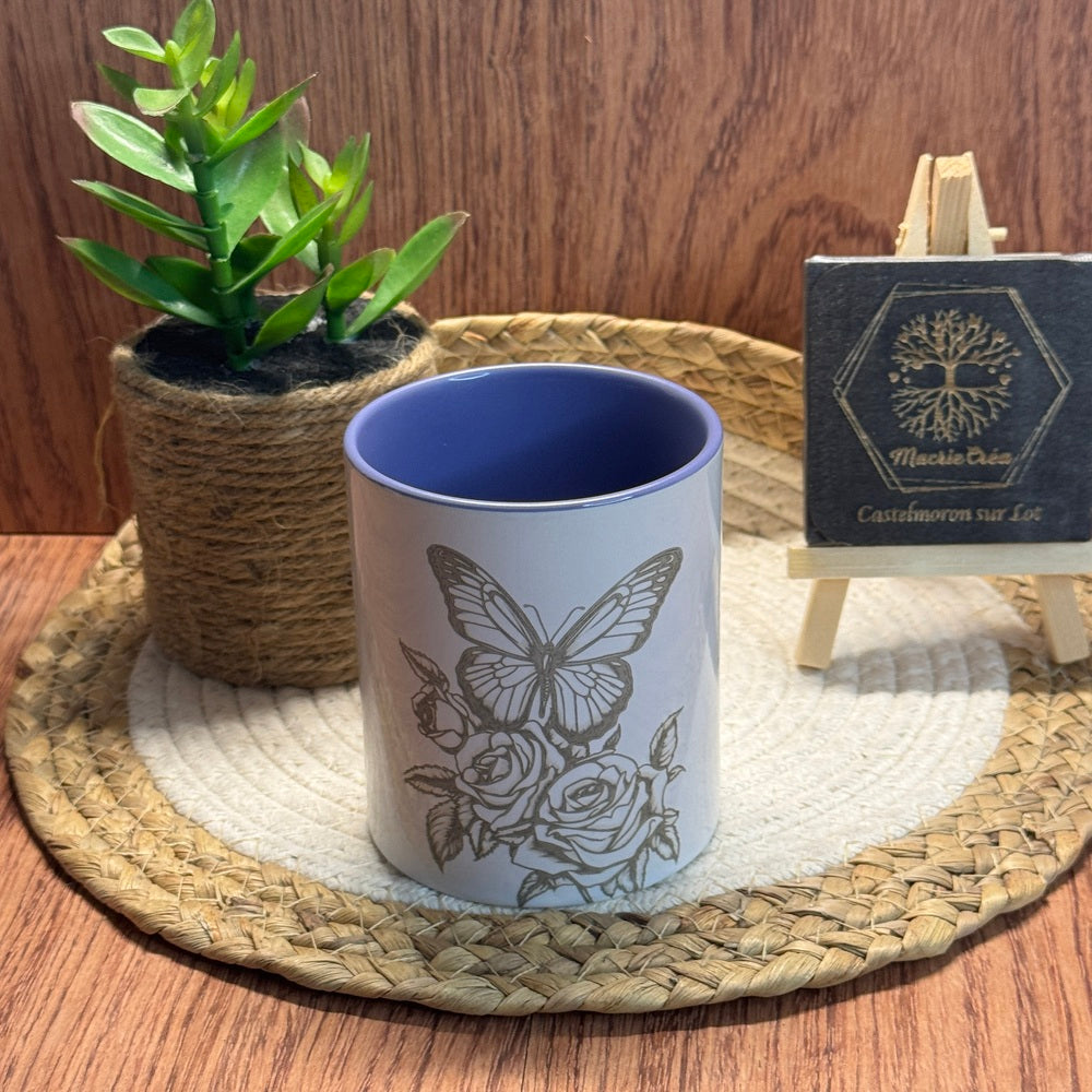 Mug gravé Papillon & Roses
