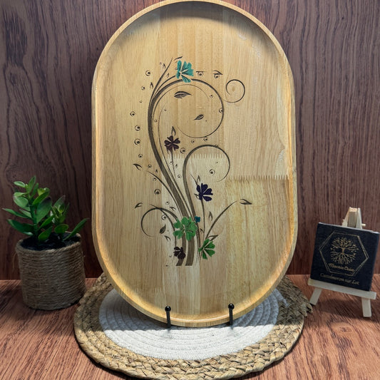 Plateau Décoratif en Bambou – Gravure Florale