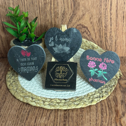 Lot de 3 cœurs ardoise gravés et peints – Bonne Fête Maman