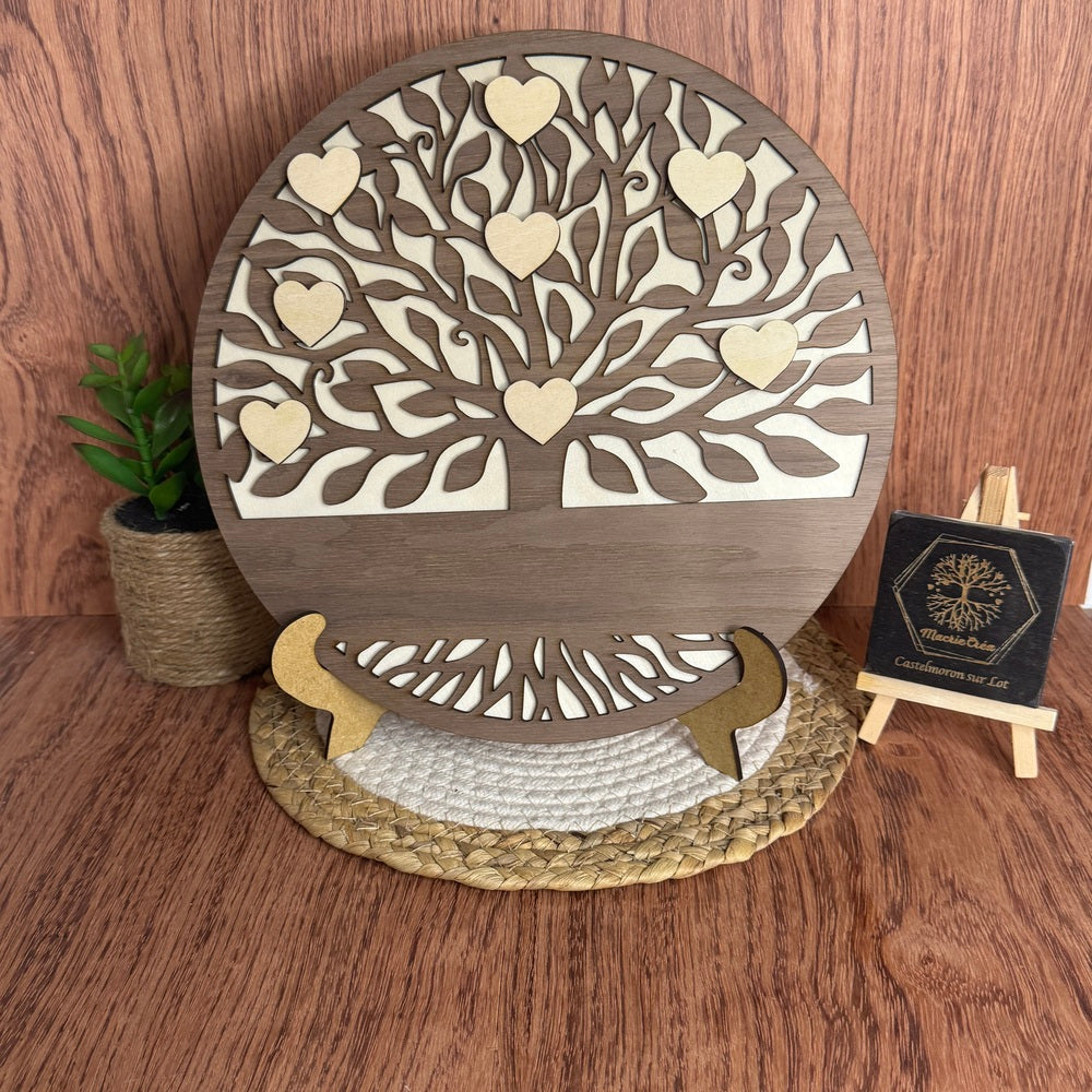 Arbre de Vie en Bois – Fond en tilleul et Arbre de Vie Noyer & Cœurs Tilleul – Décoration Personnalisée