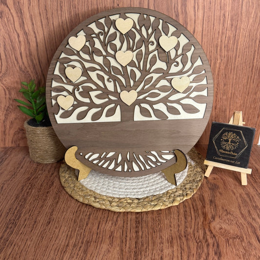 Arbre de Vie en Bois – Fond en tilleul et Arbre de Vie Noyer & Cœurs Tilleul – Décoration Personnalisée