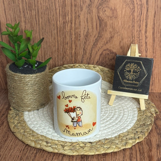 Mug « Bonne Fête Maman » – Illustration enfant au bouquet de cœurs
