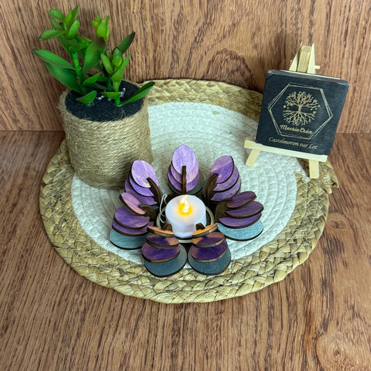 Bougeoir Fleur en Bois Tilleul Peint – Violet & Bleu