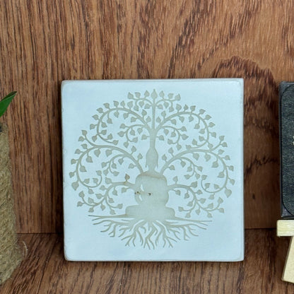 Plaque Carrée Gravée – Arbre de Vie – Effet Marbre Blanc