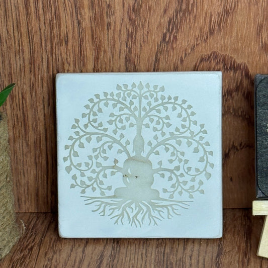 Plaque Carrée Gravée – Arbre de Vie – Effet Marbre Blanc