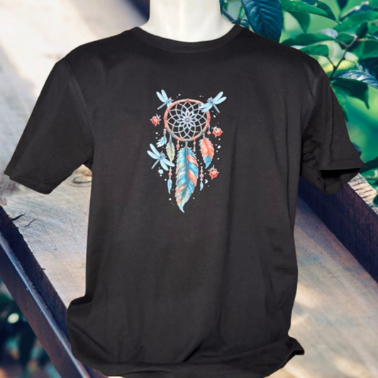 T-shirt coton – Impression DTF attrape-rêves libellules & plumes