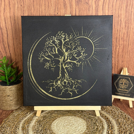 Tableau toile – Arbre de Vie gravé laser sur fond noir 20x20 cm