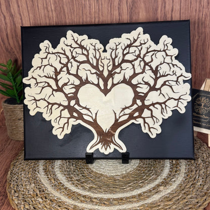 Tableau Arbre de Vie Cœur – Bois gravé & toile peinte