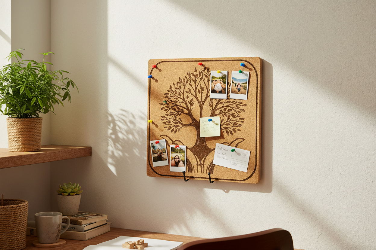 Tableau liège Arbre de Vie ambiance bureau cosy avec photos épinglées
