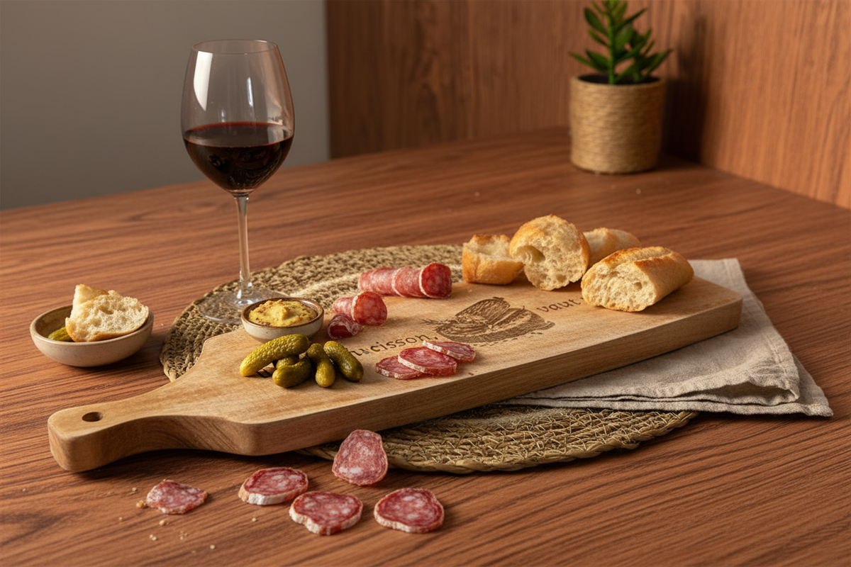 Planche acacia saucisson ambiance apéro convivial charcuterie